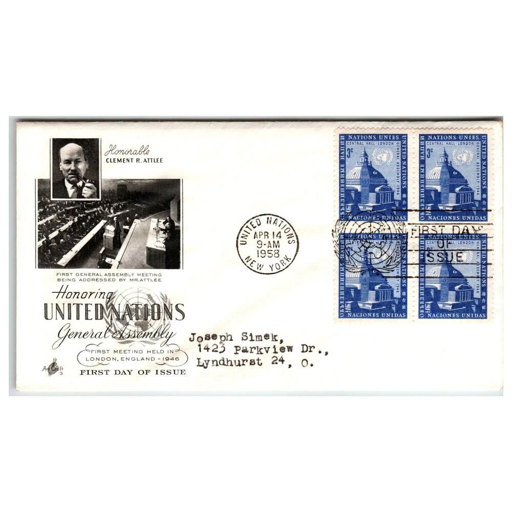 UN Scott #1 Artcraft FDC 1951 Nations Unies Central Hall London New York